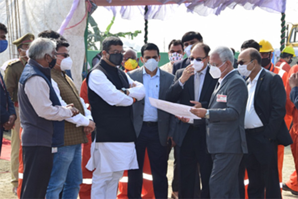 Petrleum Minister at the geophysical party camp of ONGC's Bengal Basin with MP Jyotirmay Singh Mahato, ONGC CMD Shashi Shanker and other senior officials