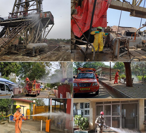 ONGC firefighters carrying out sanitization at work bases and residential areas