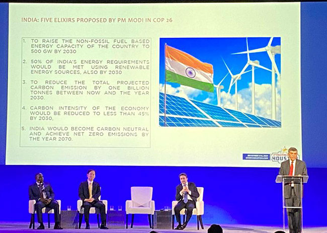 ONGC CMD Subhash Kumar during his presentation in the WPC Plenary. Seated on the dais (from left) National Oil Corporation of Kenya CEO Leparan Gideon Morintat, Korea National Oil Corporation President & CEO Dong Sub Kim and Repsol CEO Josu Jon Imaz