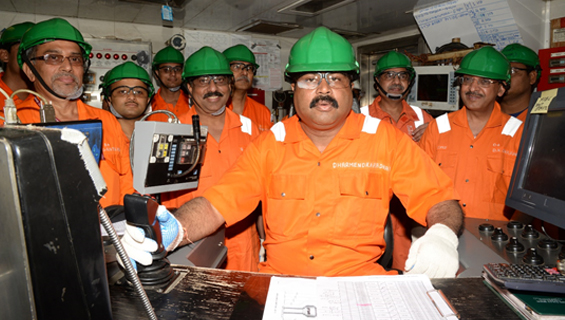 Dharmendra Pradhan Minister of State (I/C) MoPNG at control room of rig Virtue 1 in Mumbai offshore