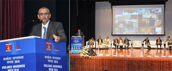 (L)CVC Mr KV Chowdary addressing ONGC employees through live webcast from Delhi;(R) ONGC CMD, Functional Directors and CVO on the dais during inauguration of Vigilance Awareness Week by CVC at ONGC.
