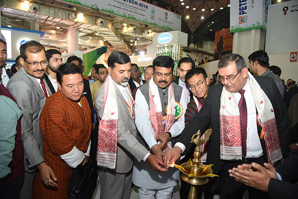 The traditional lamp being lit in the ONGC Pavilion by the Petroleum Minister and foreign Ministers. Director (Offshore) also seen on the left