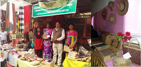 (Left) The artisans displaying products made of water hyacinth at Dilli Haat; (Right) Products made of water Hyacinth