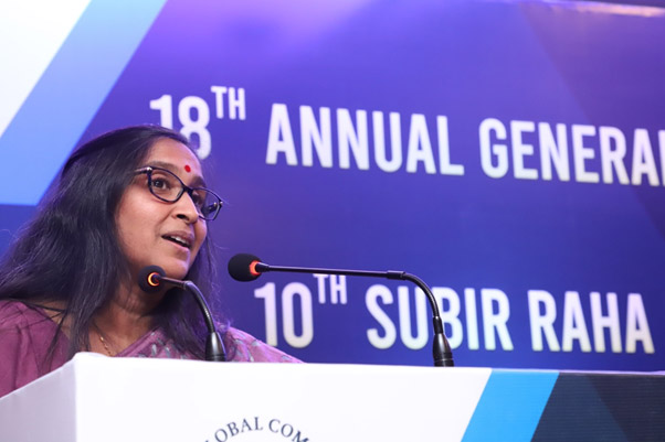 ONGC CMD Dr. Alka Mittal delivering the welcome address at the 10<sup>th</sup> Subir Raha Memorial Lecture