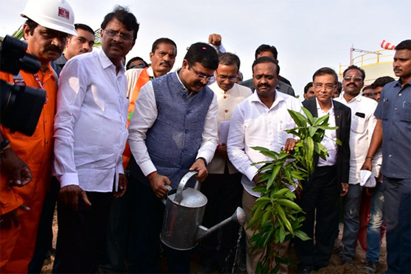 Dharmendra Pradhan watering the planted sapling