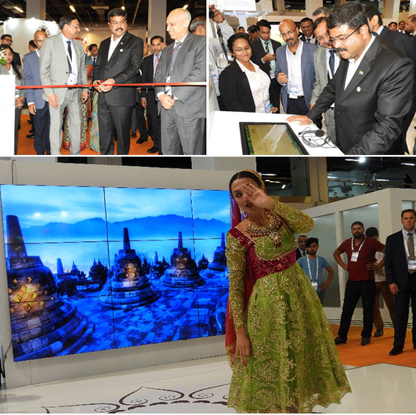 Shri Dharmendra Pradhan Inaugurating The India Pavilion (Top Right), (Top Left) Hon’ble Minister of Petroleum & Natural Gas, Shri Pradhan at the ONGC Kiosk (Bottom) Traditional Indian Dance Performance during the inauguration