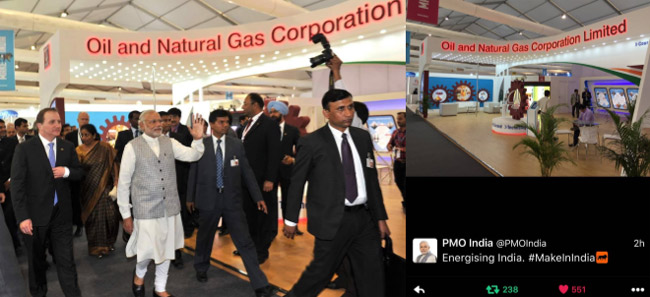 (Left) PM Modi at ONGC pavilion, shared on his Facebook page;(Right) Picture of ONGC stall posted on official @PMOIndia Twitter handle