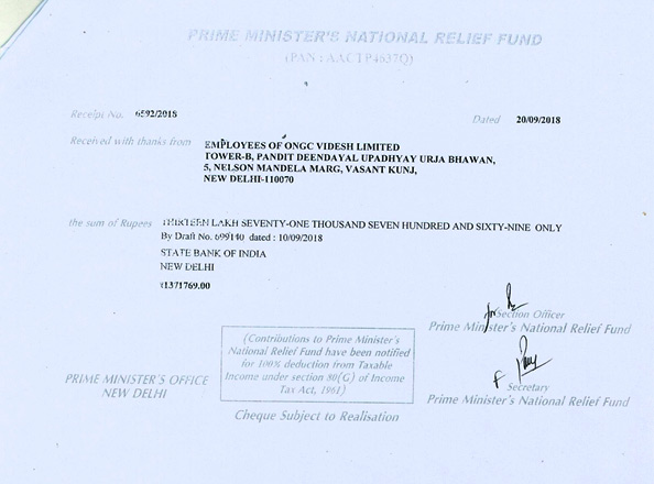 ONGC employees donate 7.5 Crore for Kerala 
