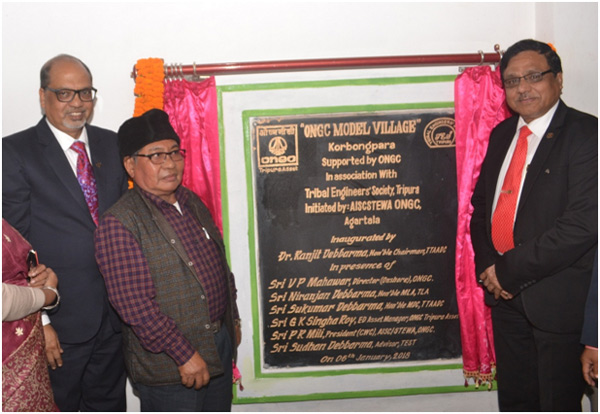 ONGC Model Village at Korbongpara, Tripura being inaugurated by Dr Ranjit Debbarma, Chairman, Tripura Tribal;Areas Autonomous District Council (center), in the presence of Mr V P Mahawar, Director (Onshore), ONGC (right)