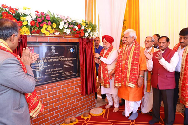 Minister Hardeep Puri and Lieutenant Governor Manoj Sinha laying the foundation stone of ONGC-funded Yatra Niwas in Sidhra, Jammu