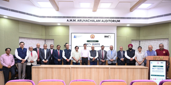 Dr. Neeraj Mittal, Secretary, MoPNG, with the CMDs of the Oil & Gas PSUs, Chairman, bp India, and partner institution heads at the launch of MC²+ Ignite, A.M.M. Arunachalam Auditorium, IIT Madras, 19 August 2026.