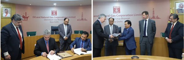Chief E&D Dte Dr Ravi Misra and General Manager of Global New Venture Luca Rigo de Righi signing the MoU on behalf of ONGC and Chevron, respectively, in presence of ONGC CMD RK Srivastava