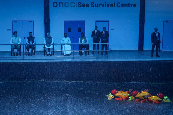 The Prime Minister with the dignitaries at the ONGC Sea Survival Centre witnessing the safety drill