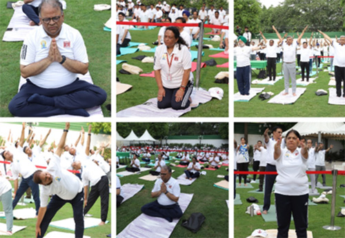 Senior ministry officials and ONGC performing different yoga asanas 
